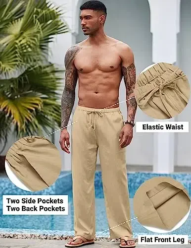 COOFANDY Mens Casual Linen Pants Elastic Waist Linen Pants Drawstring Summer Beach Yoga Linen Trouser - 4