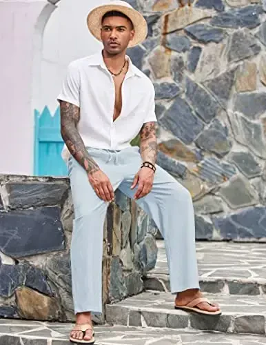 COOFANDY Mens Casual Linen Pants Elastic Waist Linen Pants Drawstring Summer Beach Yoga Linen Trouser - COOFANDY (1)
