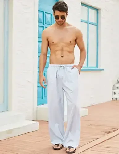 COOFANDY Mens Casual Linen Pants Elastic Waist Linen Pants Drawstring Summer Beach Yoga Linen Trouser - 4