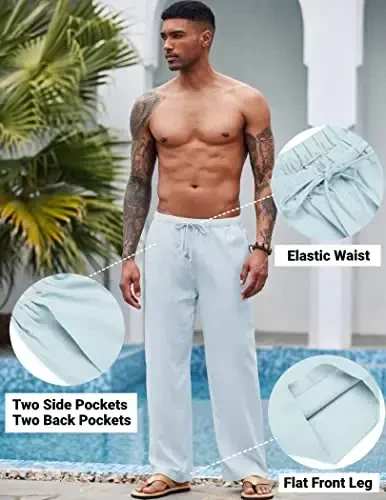 COOFANDY Mens Casual Linen Pants Elastic Waist Linen Pants Drawstring Summer Beach Yoga Linen Trouser - 5