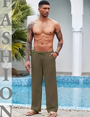 COOFANDY Mens Casual Linen Pants Elastic Waist Linen Pants Drawstring Summer Beach Yoga Linen Trouser - 3