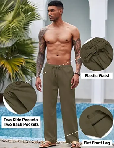 COOFANDY Mens Casual Linen Pants Elastic Waist Linen Pants Drawstring Summer Beach Yoga Linen Trouser - 5