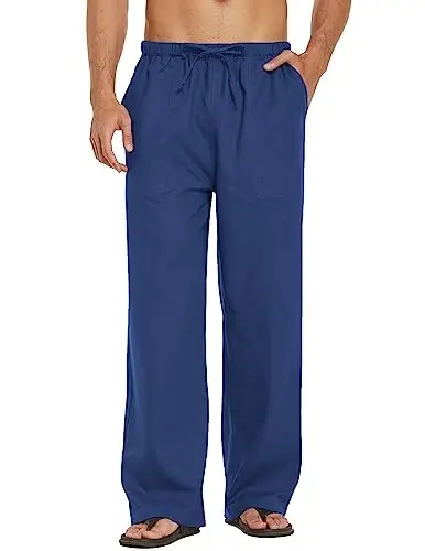 COOFANDY Mens Casual Linen Pants Elastic Waist Linen Pants Drawstring Summer Beach Yoga Linen Trouser - COOFANDY