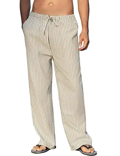 COOFANDY Mens Casual Linen Pants Elastic Waist Linen Pants Drawstring Summer Beach Yoga Linen Trouser 
