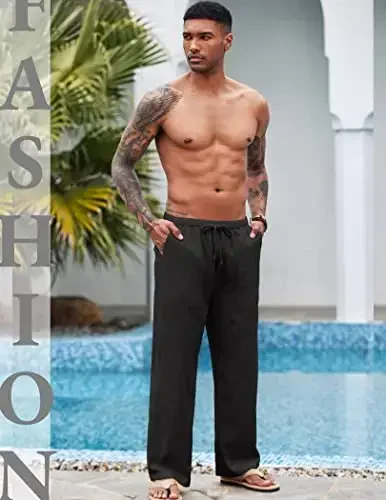 COOFANDY Mens Casual Linen Pants Elastic Waist Linen Pants Drawstring Summer Beach Yoga Linen Trouser - 3