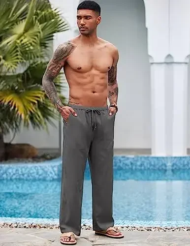 COOFANDY Mens Casual Linen Pants Elastic Waist Linen Pants Drawstring Summer Beach Yoga Linen Trouser - 2