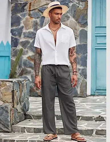COOFANDY Mens Casual Linen Pants Elastic Waist Linen Pants Drawstring Summer Beach Yoga Linen Trouser - 3