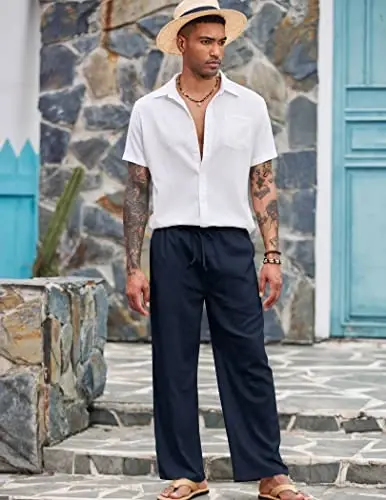COOFANDY Mens Casual Linen Pants Elastic Waist Linen Pants Drawstring Summer Beach Yoga Linen Trouser - 4