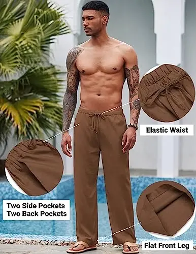 COOFANDY Mens Casual Linen Pants Elastic Waist Linen Pants Drawstring Summer Beach Yoga Linen Trouser - 4