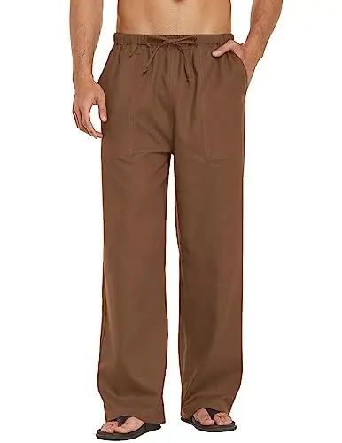 COOFANDY Mens Casual Linen Pants Elastic Waist Linen Pants Drawstring Summer Beach Yoga Linen Trouser 