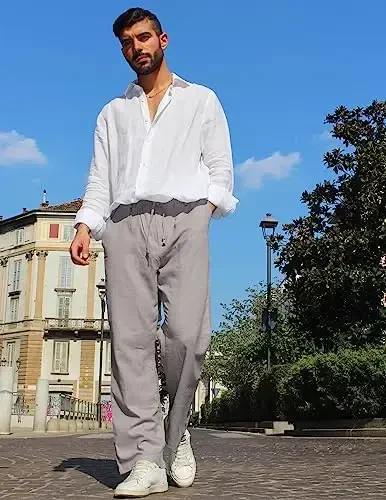 COOFANDY Mens Casual Linen Pants Elastic Waist Linen Pants Drawstring Summer Beach Yoga Linen Trouser - 3