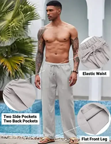 COOFANDY Mens Casual Linen Pants Elastic Waist Linen Pants Drawstring Summer Beach Yoga Linen Trouser - 5
