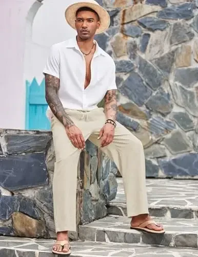 COOFANDY Mens Casual Linen Pants Elastic Waist Linen Pants Drawstring Summer Beach Yoga Linen Trouser - 3