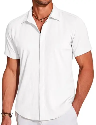 COOFANDY Men's Casual Short Sleeve Button Down Summer Beach Shirt Lightweight Textured Wrinkle Free Stretch Shirts - COOFANDY