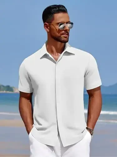 COOFANDY Men's Casual Short Sleeve Button Down Summer Beach Shirt Lightweight Textured Wrinkle Free Stretch Shirts - 3