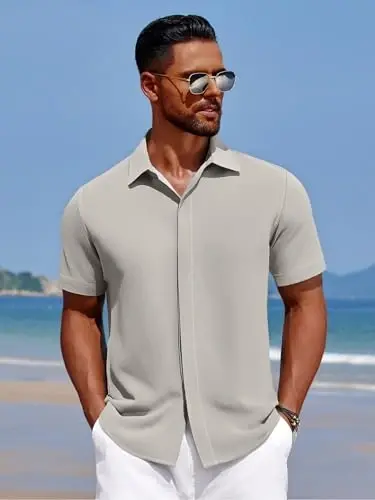 COOFANDY Men's Casual Short Sleeve Button Down Summer Beach Shirt Lightweight Textured Wrinkle Free Stretch Shirts - 4