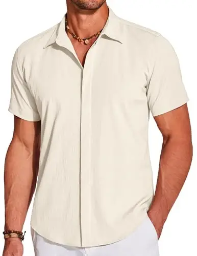 COOFANDY Men's Casual Short Sleeve Button Down Summer Beach Shirt Lightweight Textured Wrinkle Free Stretch Shirts - 1