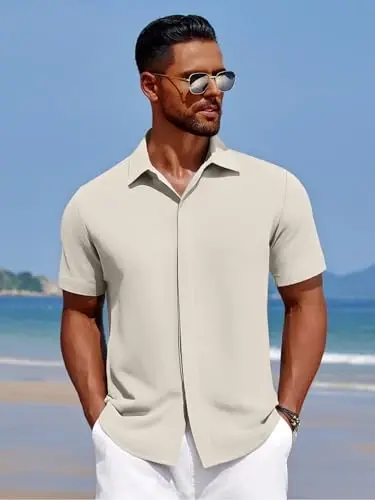 COOFANDY Men's Casual Short Sleeve Button Down Summer Beach Shirt Lightweight Textured Wrinkle Free Stretch Shirts - 4