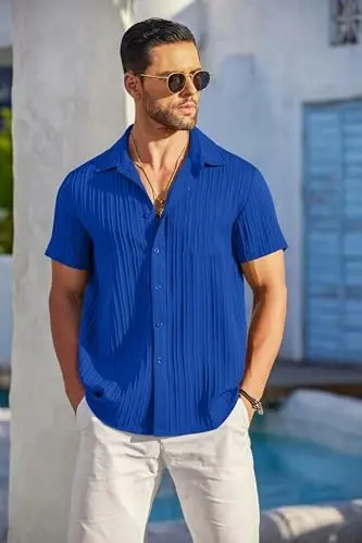 COOFANDY Mens Casual Short Sleeve Shirts Summer Beach Shirt Button Down Textured Shirts Vacation Hawaiian Shirts - 2