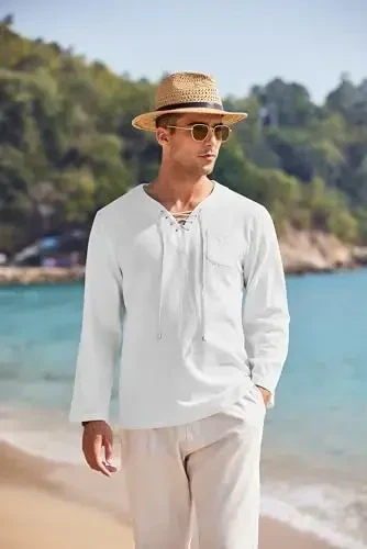 COOFANDY Men Casual Cotton Linen T Shirt Short Sleeve Beach Lace Up Hippie Shirt Yoga Renaissance Tunic - 5