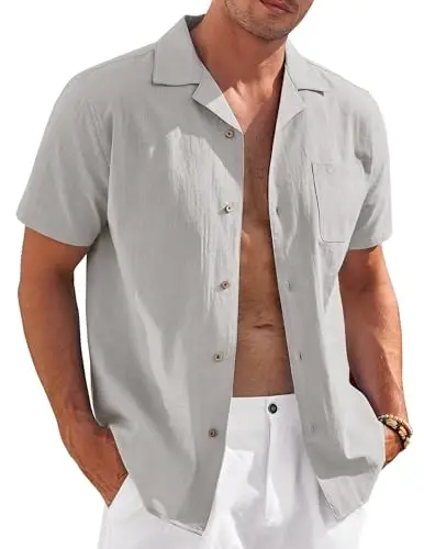 COOFANDY Mens Casual Cotton Linen Shirt Short Sleeve Button Up Shirts Summer Beach Top 