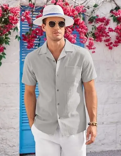 COOFANDY Mens Casual Cotton Linen Shirt Short Sleeve Button Up Shirts Summer Beach Top - COOFANDY (1)
