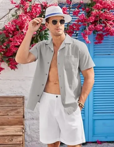 COOFANDY Mens Casual Cotton Linen Shirt Short Sleeve Button Up Shirts Summer Beach Top - 3