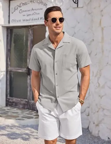 COOFANDY Mens Casual Cotton Linen Shirt Short Sleeve Button Up Shirts Summer Beach Top - 4