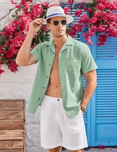 COOFANDY Mens Casual Cotton Linen Shirt Short Sleeve Button Up Shirts Summer Beach Top - 3