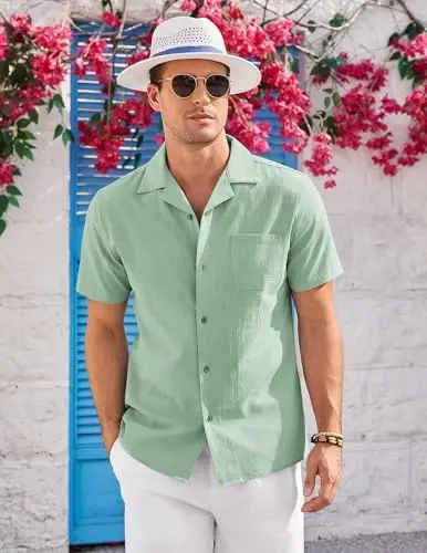 COOFANDY Mens Casual Cotton Linen Shirt Short Sleeve Button Up Shirts Summer Beach Top - 5