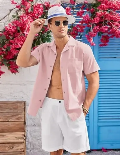 COOFANDY Mens Casual Cotton Linen Shirt Short Sleeve Button Up Shirts Summer Beach Top - 5