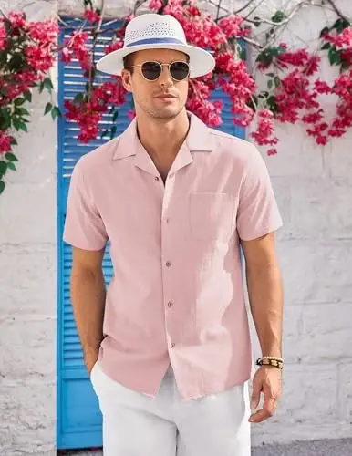 COOFANDY Mens Casual Cotton Linen Shirt Short Sleeve Button Up Shirts Summer Beach Top - 3