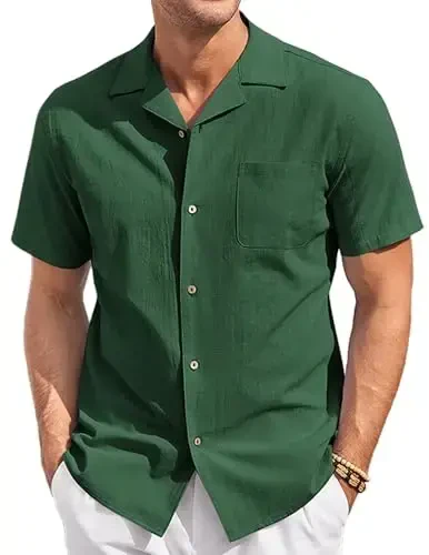 COOFANDY Mens Casual Cotton Linen Shirt Short Sleeve Button Up Shirts Summer Beach Top - COOFANDY
