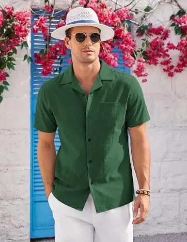 COOFANDY Mens Casual Cotton Linen Shirt Short Sleeve Button Up Shirts Summer Beach Top - 5