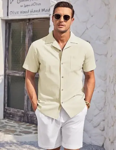 COOFANDY Mens Casual Cotton Linen Shirt Short Sleeve Button Up Shirts Summer Beach Top - 3
