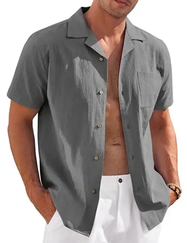 COOFANDY Mens Casual Cotton Linen Shirt Short Sleeve Button Up Shirts Summer Beach Top 
