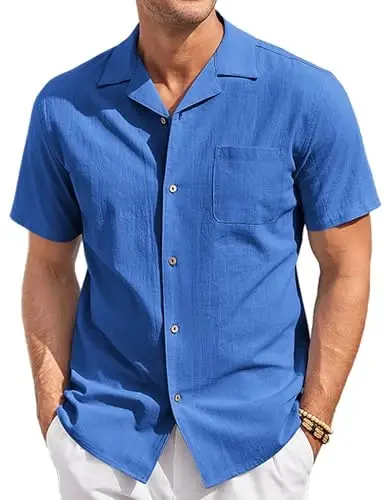 COOFANDY Mens Casual Cotton Linen Shirt Short Sleeve Button Up Shirts Summer Beach Top 