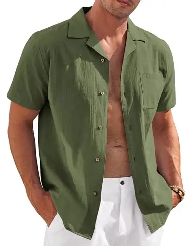COOFANDY Mens Casual Cotton Linen Shirt Short Sleeve Button Up Shirts Summer Beach Top - 1