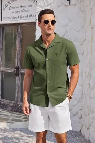 COOFANDY Mens Casual Cotton Linen Shirt Short Sleeve Button Up Shirts Summer Beach Top - 3