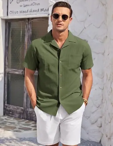 COOFANDY Mens Casual Cotton Linen Shirt Short Sleeve Button Up Shirts Summer Beach Top - 4