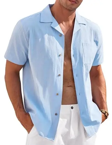 COOFANDY Mens Casual Cotton Linen Shirt Short Sleeve Button Up Shirts Summer Beach Top - 1