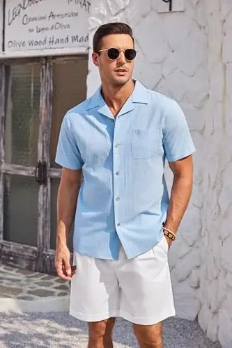 COOFANDY Mens Casual Cotton Linen Shirt Short Sleeve Button Up Shirts Summer Beach Top - 3