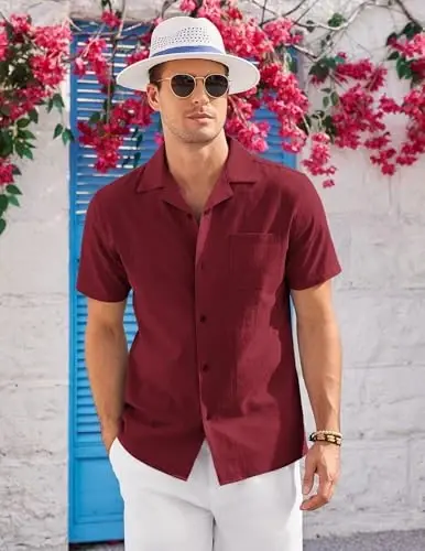 COOFANDY Mens Casual Cotton Linen Shirt Short Sleeve Button Up Shirts Summer Beach Top - 5