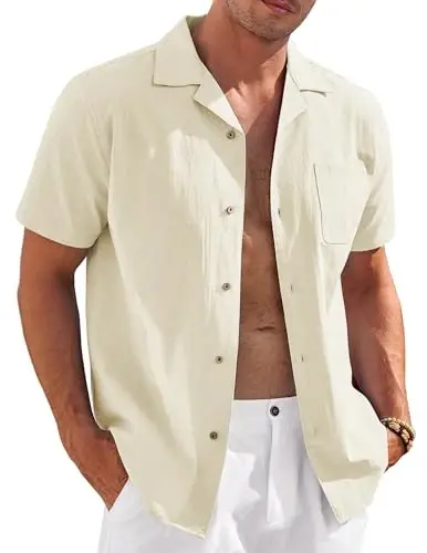 COOFANDY Mens Casual Cotton Linen Shirt Short Sleeve Button Up Shirts Summer Beach Top 