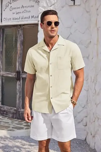 COOFANDY Mens Casual Cotton Linen Shirt Short Sleeve Button Up Shirts Summer Beach Top - 4