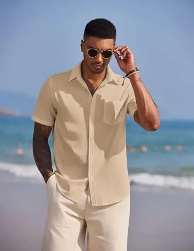 COOFANDY Men's Casual Summer Beach Wrinkle Free Shirts Short Sleeve Button Down Lightweight Untucked Textured Shirt - 4