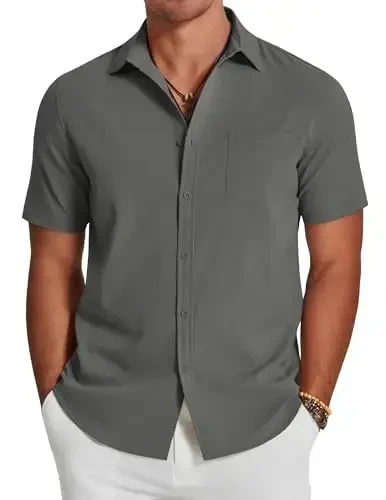 COOFANDY Men's Casual Summer Beach Wrinkle Free Shirts Short Sleeve Button Down Lightweight Untucked Textured Shirt - 1