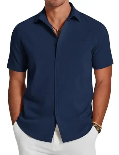 COOFANDY Men's Casual Summer Beach Wrinkle Free Shirts Short Sleeve Button Down Lightweight Untucked Textured Shirt - 1
