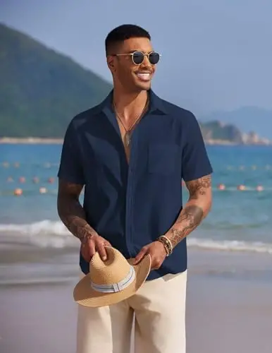 COOFANDY Men's Casual Summer Beach Wrinkle Free Shirts Short Sleeve Button Down Lightweight Untucked Textured Shirt - 2