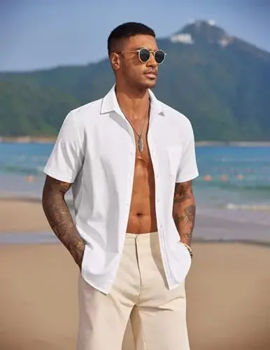 COOFANDY Men's Casual Summer Beach Wrinkle Free Shirts Short Sleeve Button Down Lightweight Untucked Textured Shirt - 4